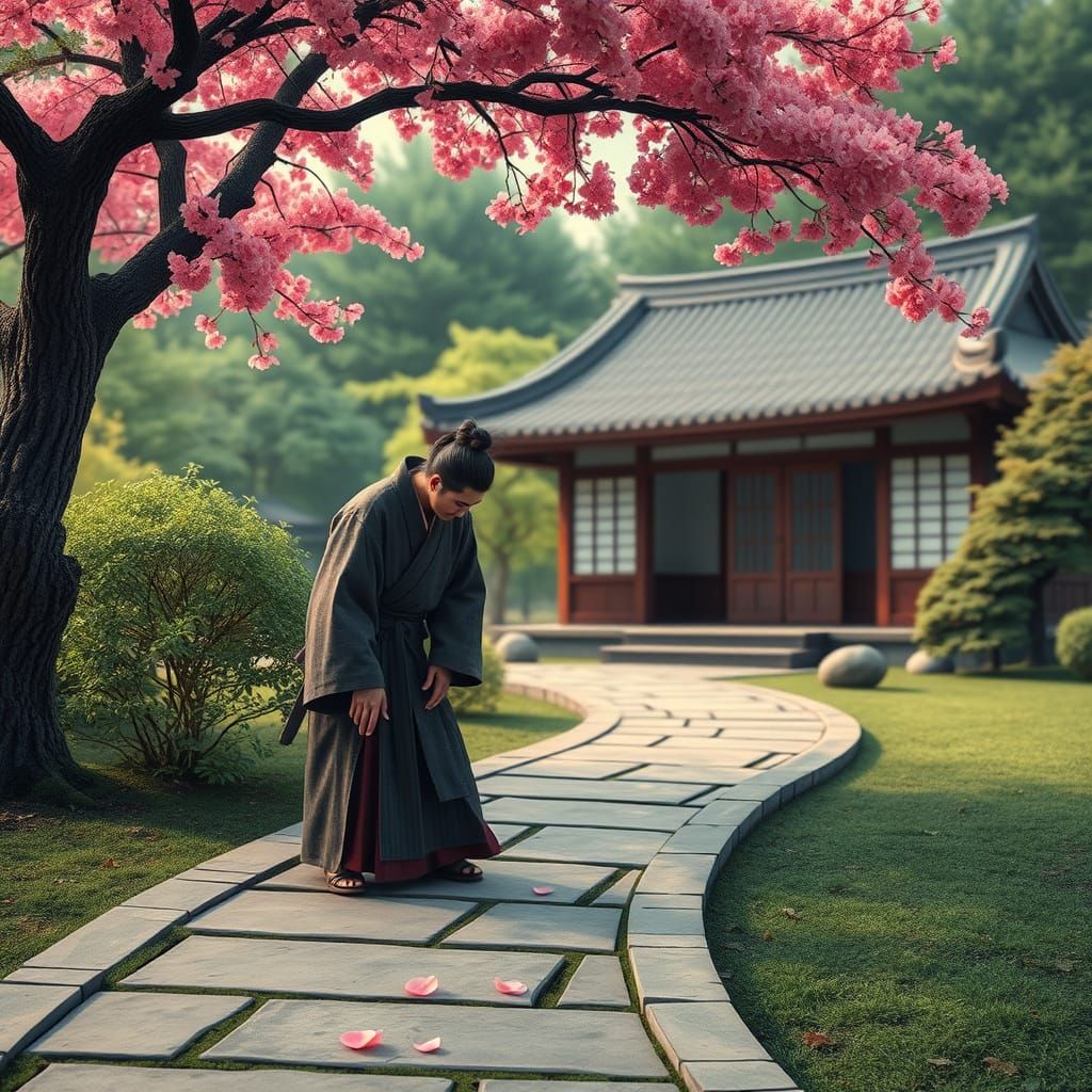 Shogun in Garden with Cherry Blossoms, Ukiyo-e Style