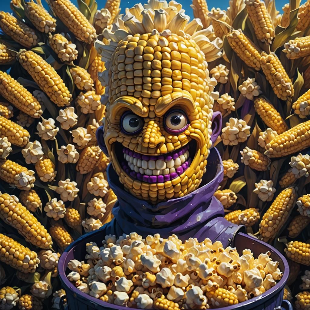 Anthropomorphic Corn Cob and Popcorn, Fantasy Matte Painting