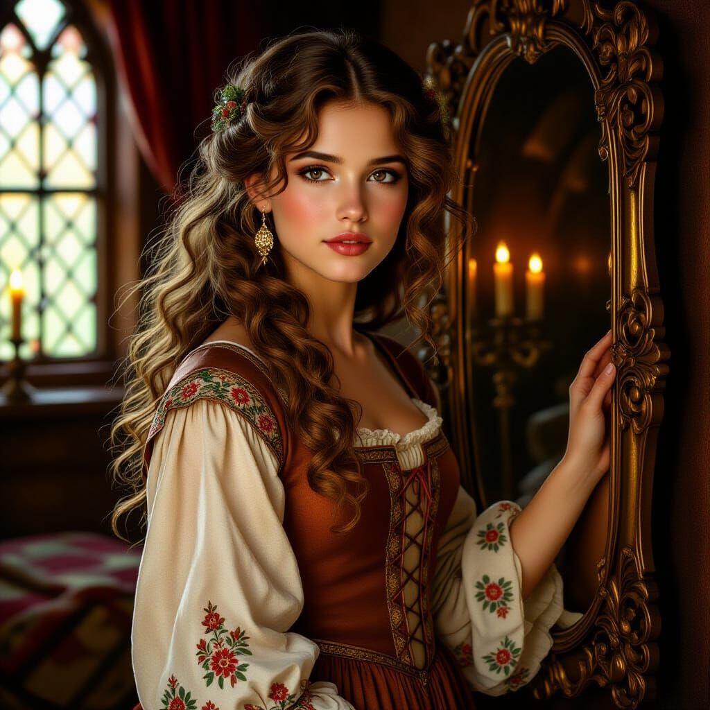 Medieval Woman in Candlelit Bedroom, Pre-Raphaelite Style