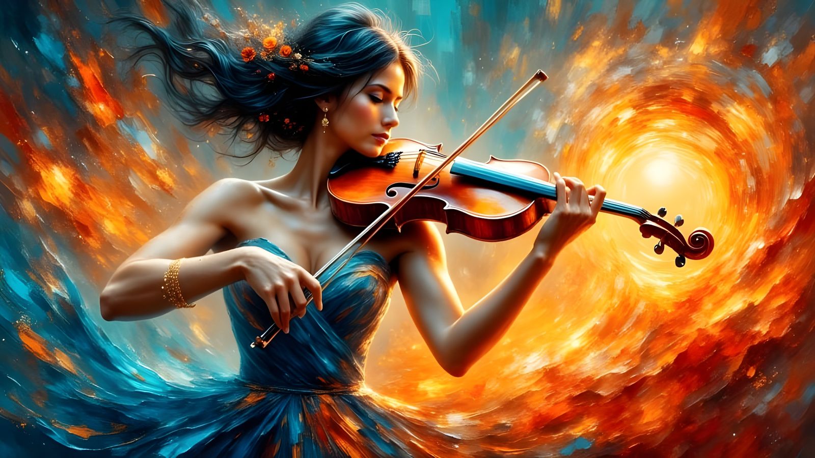 Violinist Dancing with Trails of Light in Ethereal Style
