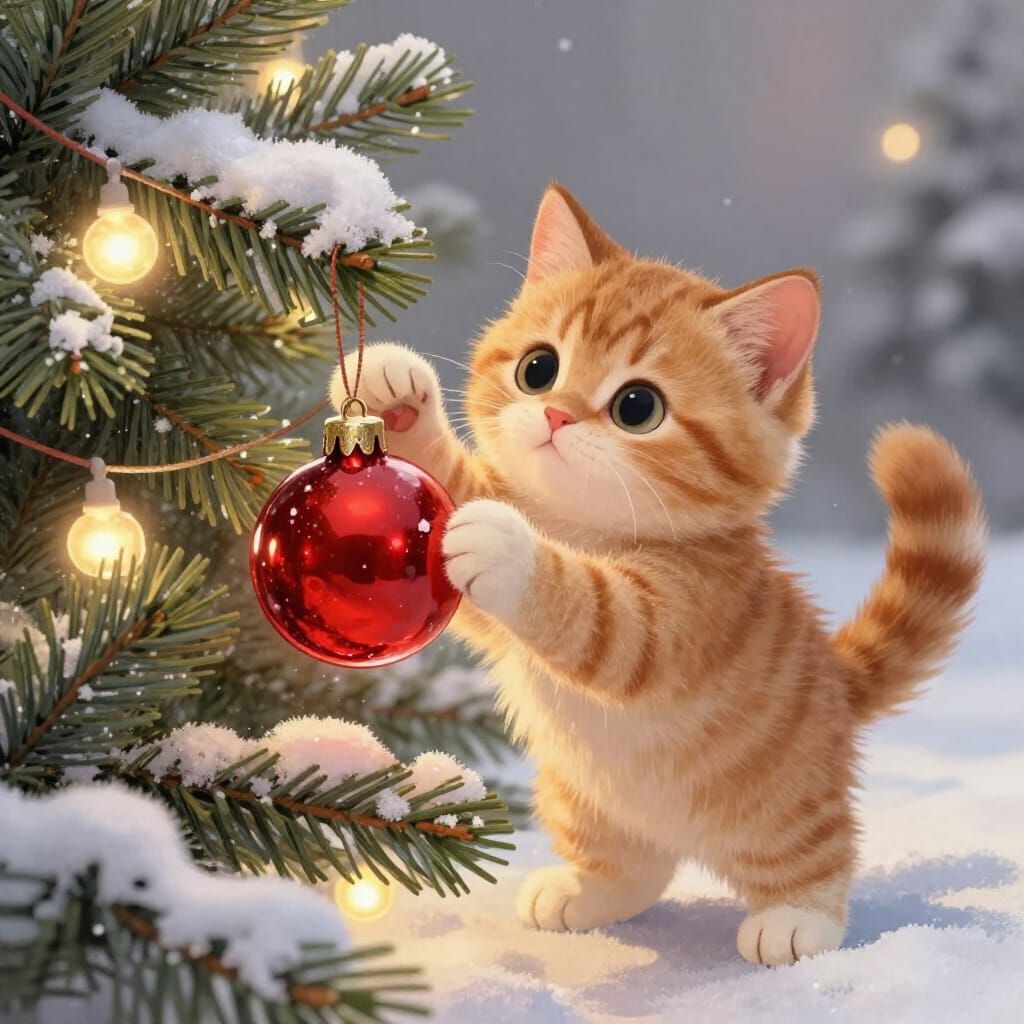 Adorable Kitten Plays with Shiny Christmas Ornament