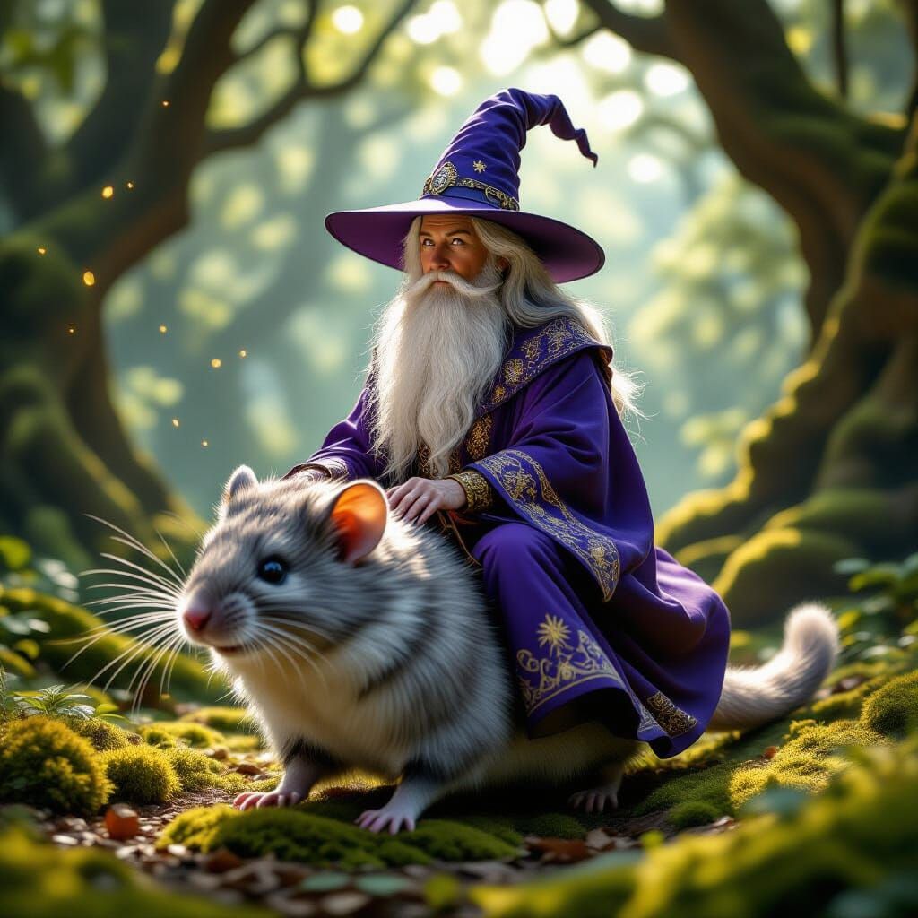 Elderly Female Wizard Rides Giant Mouse in Enchanted Forest