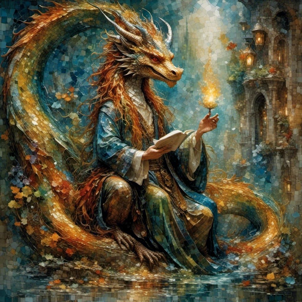 Happy Wizard with Dragon Familiar in Mosaic Style