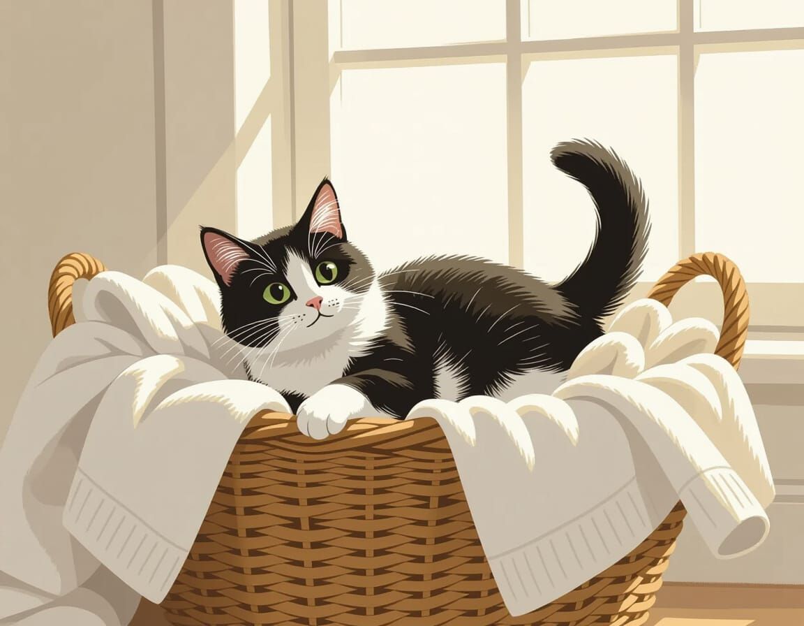 Playful Cat Tumbles in Laundry Basket