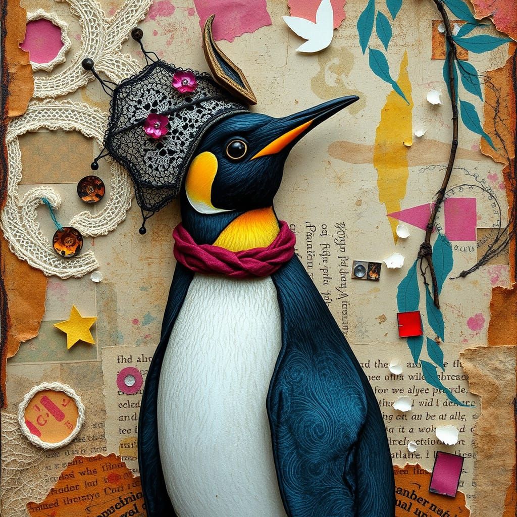 Vibrant Fantasy Penguin in Intricate Mixed Media