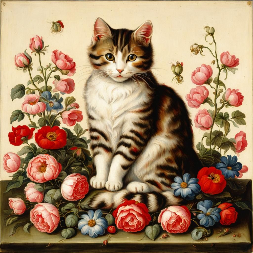 Cute Cat Surrounded by Flowers in Renaissance Style