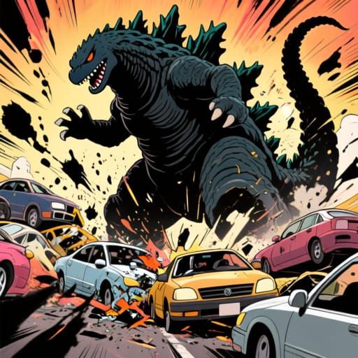 Goonzilla smashing cars  manga action movement cartoon ink