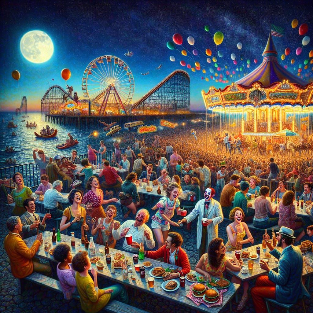 Nighttime Rooftop Amusement Park in Impressionistic Style