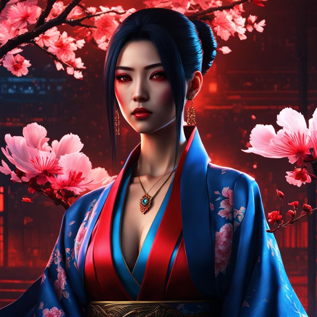 Yakuza Princess in Kimono with Sakura Flowers