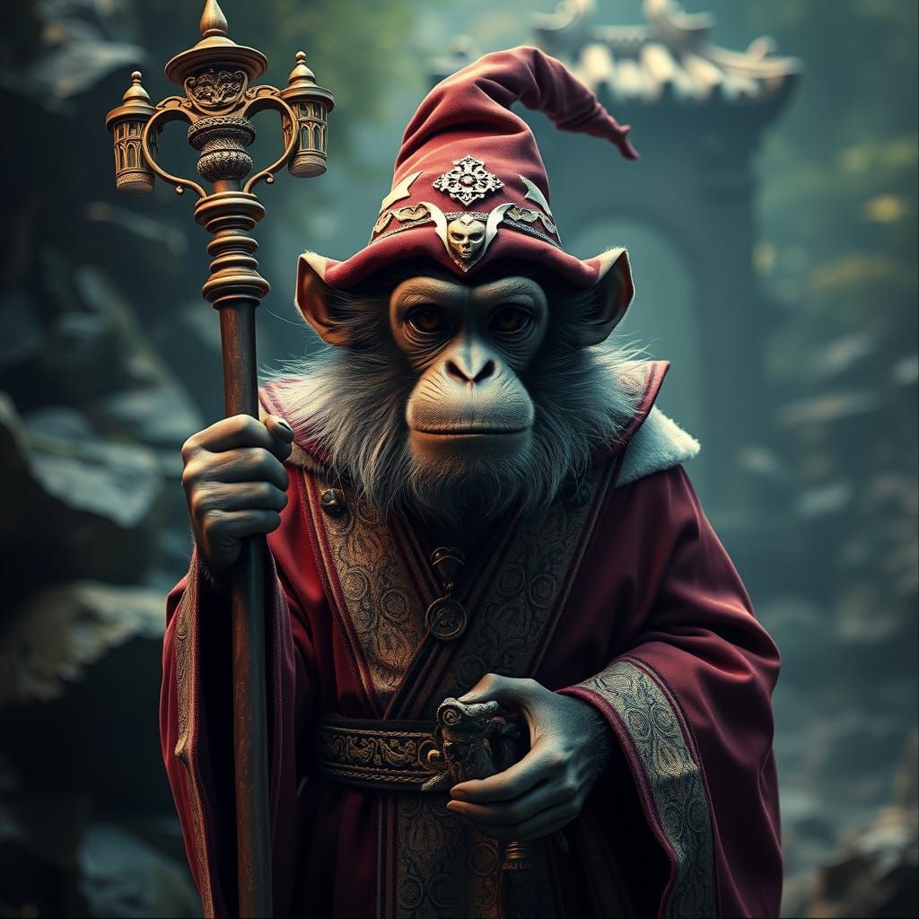 Monkey Wizard in Fantasy World: Cinematic Film Still