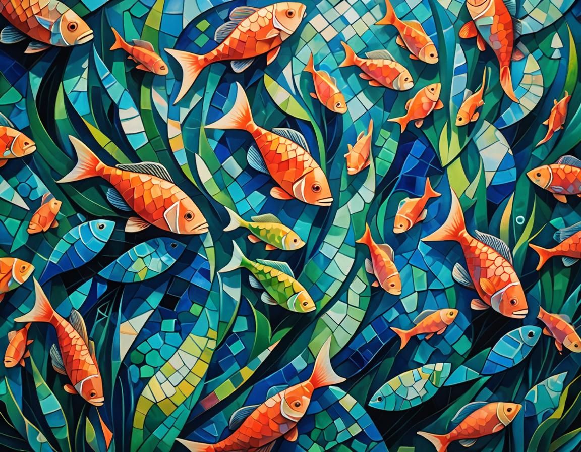 Vibrant Coral Reef in Abstract Cubism Style