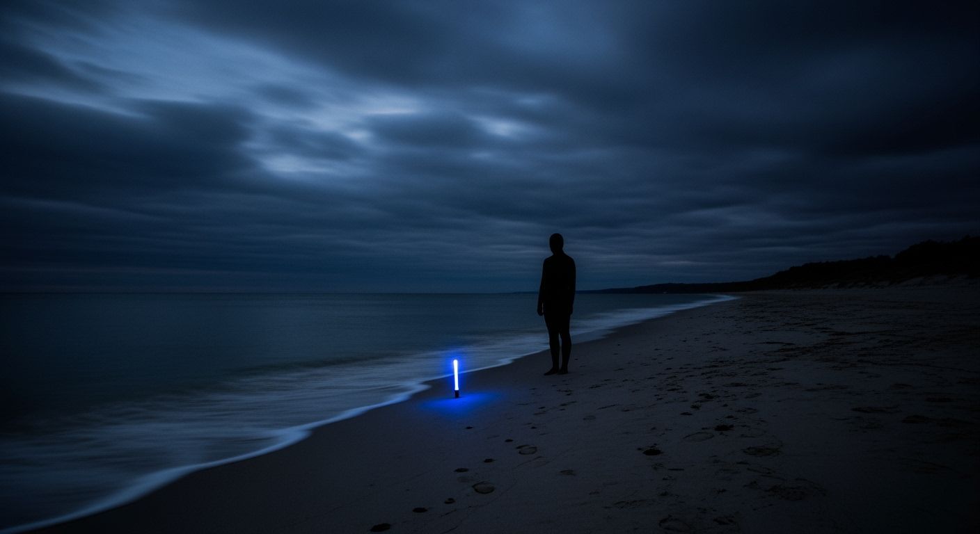 Midnight Beach Silhouette with Blue Glowstick