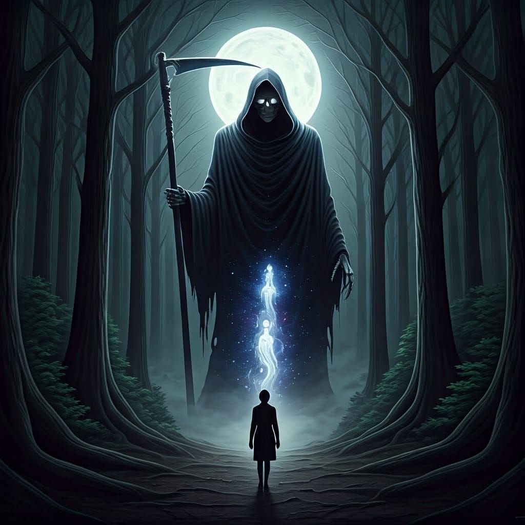 Celestial Grim Reaper in Moonlit Forest