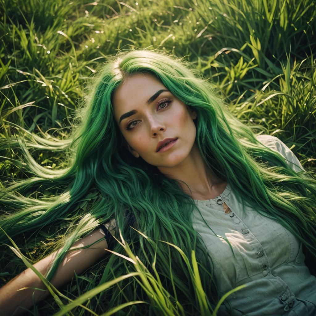 Green-Haired Woman in Field: Cinematic Film Still