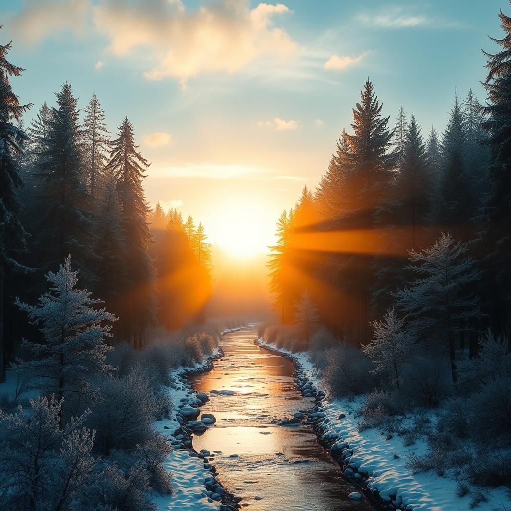 Winter Forest: Golden Light and Tranquil Creek