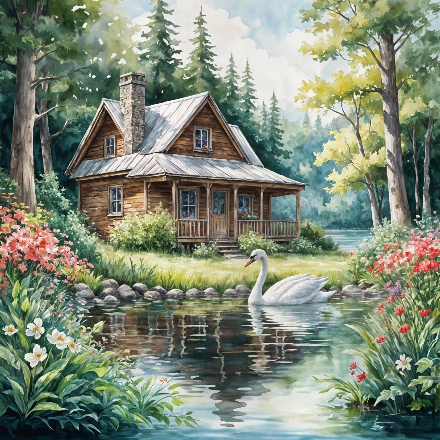 Watercolor Cabin by Lake with Swans and Flowers