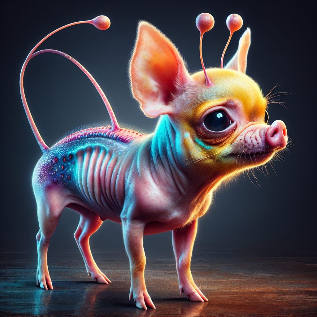 Hybrid Pig-Chihuahua with Alien Features in Vibrant Colors