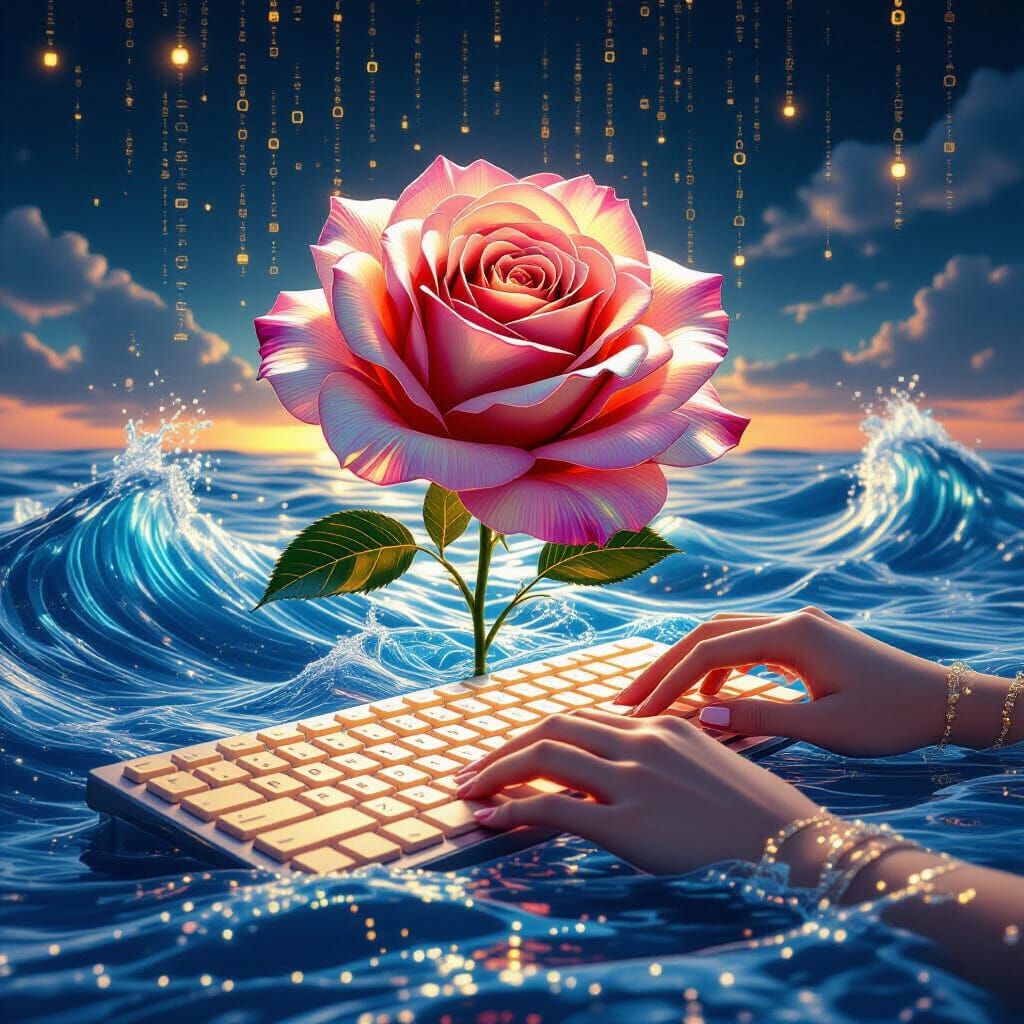 Digital Rose of Code Grows from Glass Ocean
