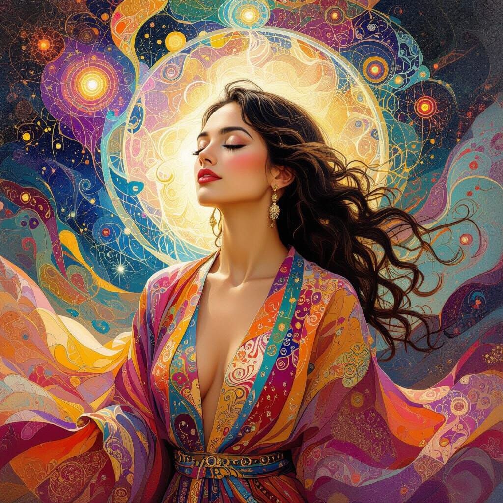 Ethereal Woman in Cosmic Psychedelic Oil Painting