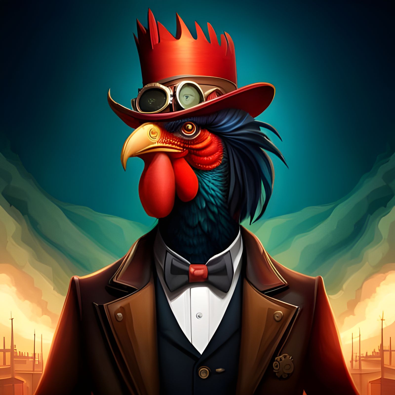 Steampunk Rooster Portrait with Elaborate Top Hat