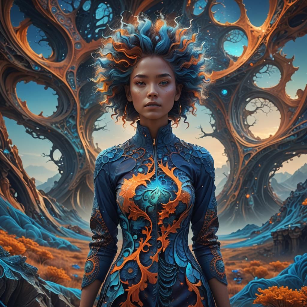 Fractal Woman in Surreal Landscape: Fantasy Matte Painting
