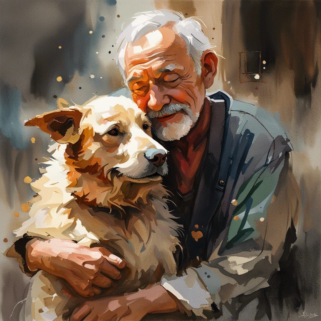 Happy Old Man Hugging Dog, Gouache and Watercolor