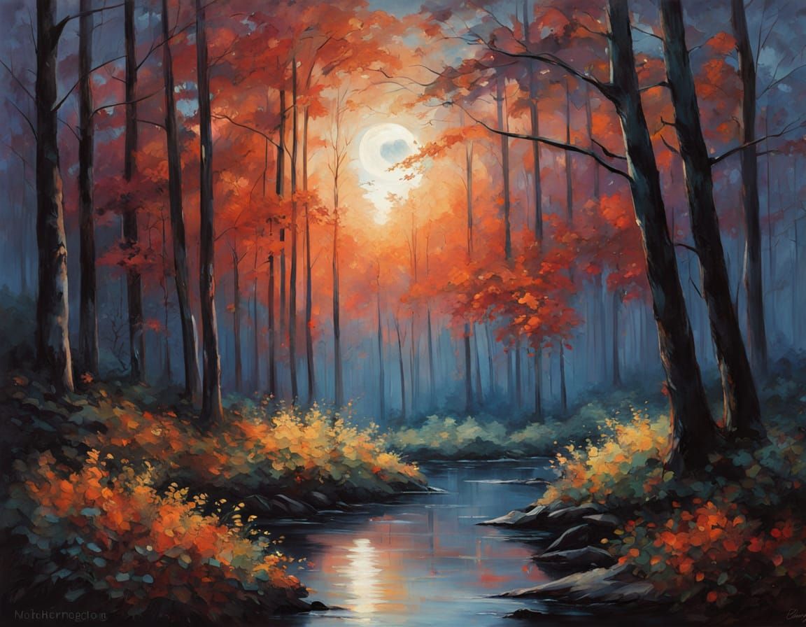 Mystical Forest Twilight Landscape Painting with Starry Nigh...