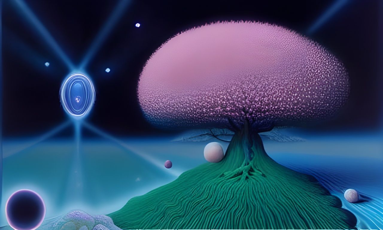 Opalescent Crystals Under Tree of Life, Surreal Art