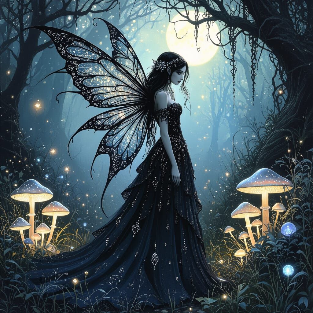 Gothic Fairy in Bioluminescent Glade, Dark Fantasy Art
