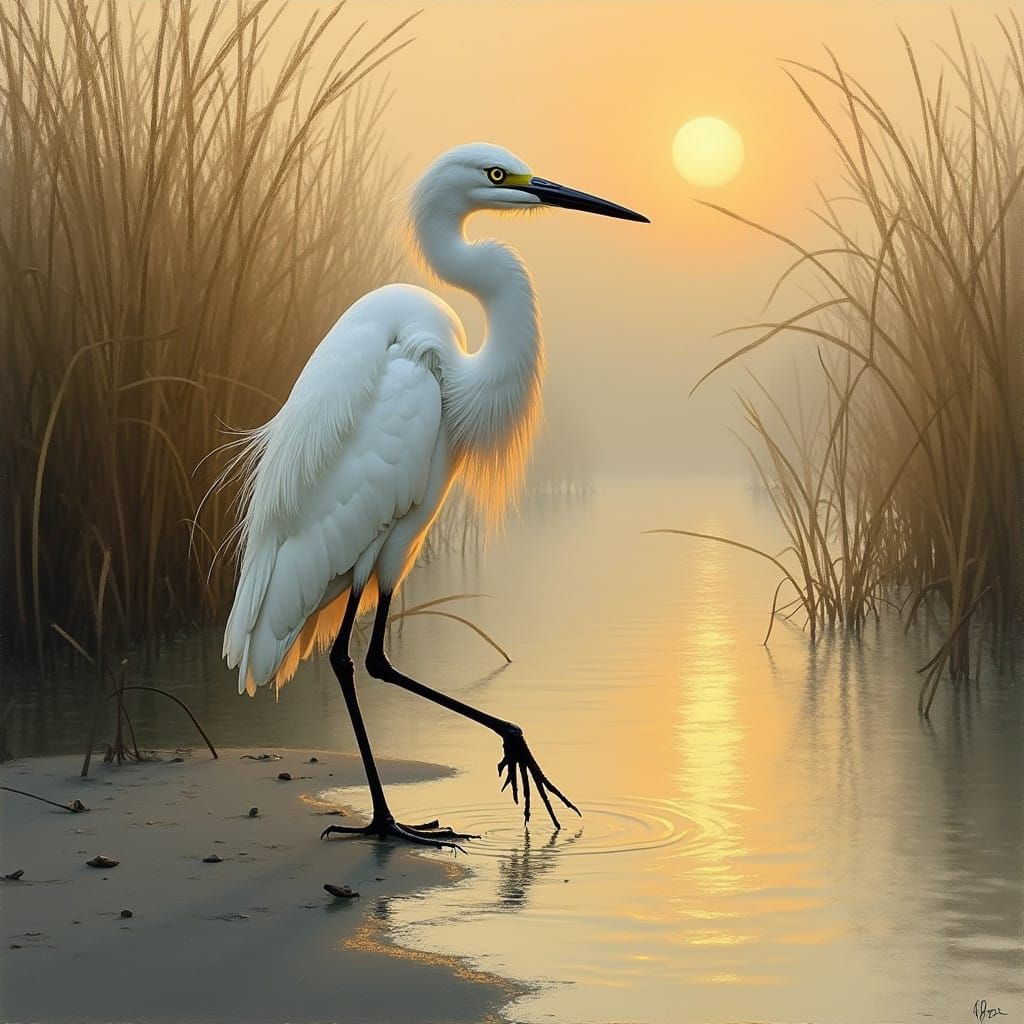 Elegant Egret Sunset on Marshy Beach