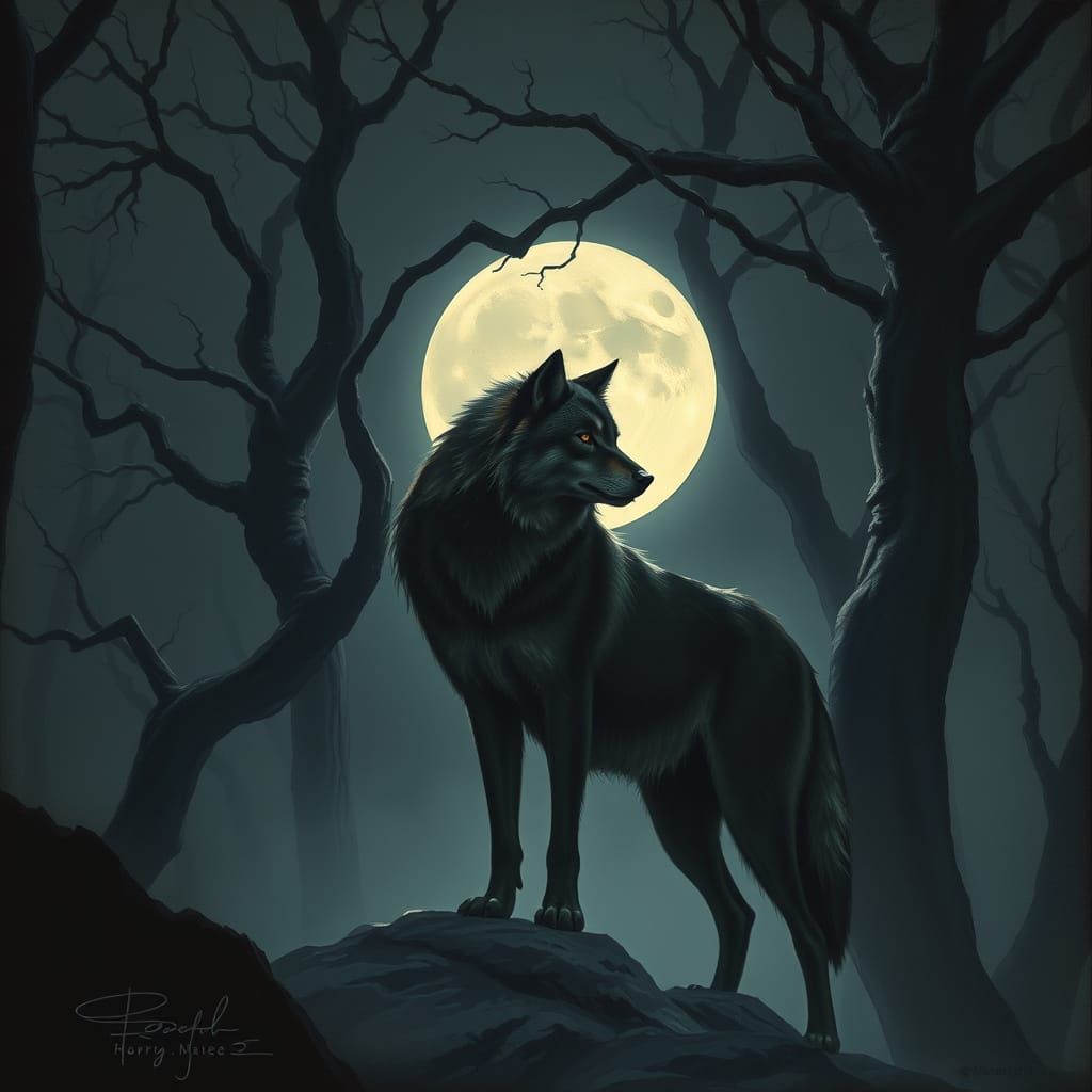 A lone wolf stands silhouetted against a full moon in a misty forest, its fur shimmering with an ethereal glow. The tree...