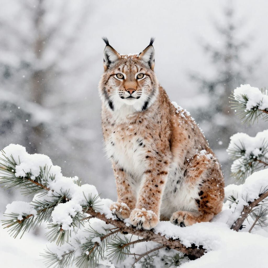 Lynx on Snowy Branch with Tactile Fur Detail