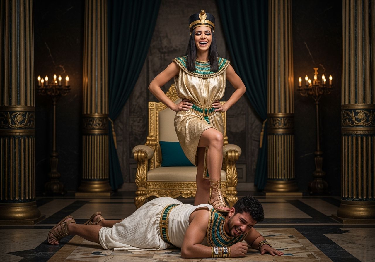 Egyptian Queen Tramples Servant in Lavish Throne Room