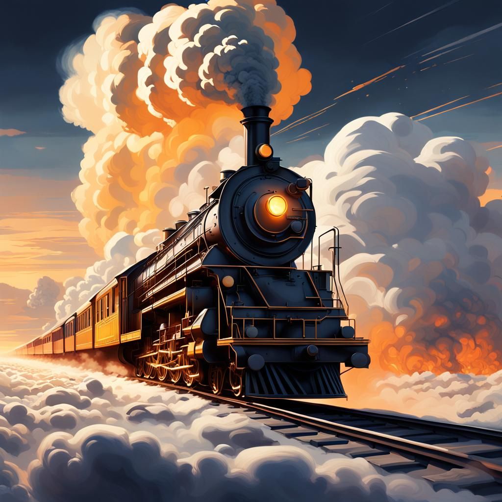 Train Journey Through Clouds in Hyper-Realistic Style