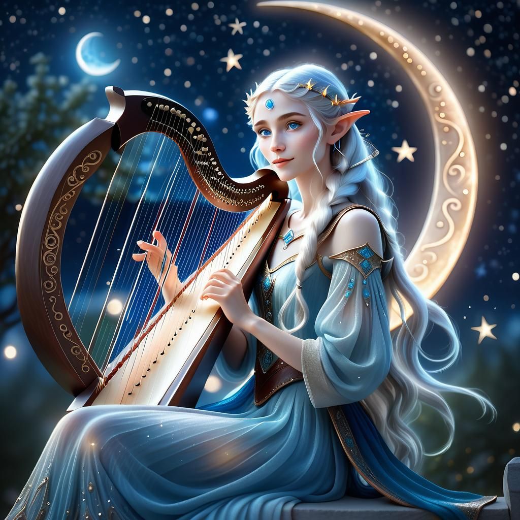Young Elf Woman Plays Harp on Crescent Moon