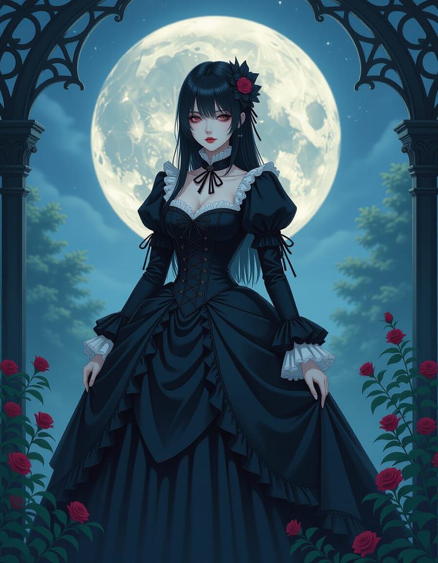 Gothic Yandere in Moonlit Garden, in Surrealist Style