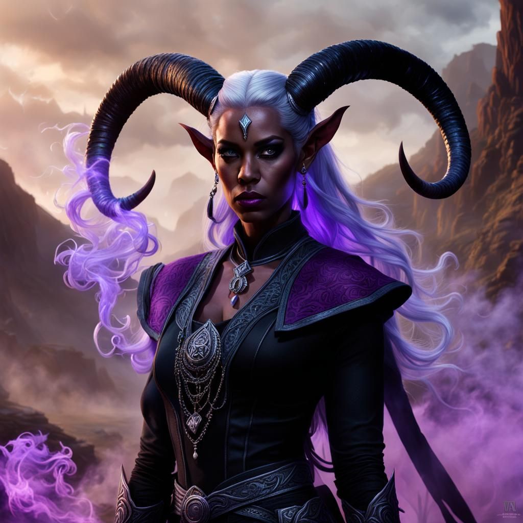 Tiefling Sorceress with Ram Horns in Digital Painting