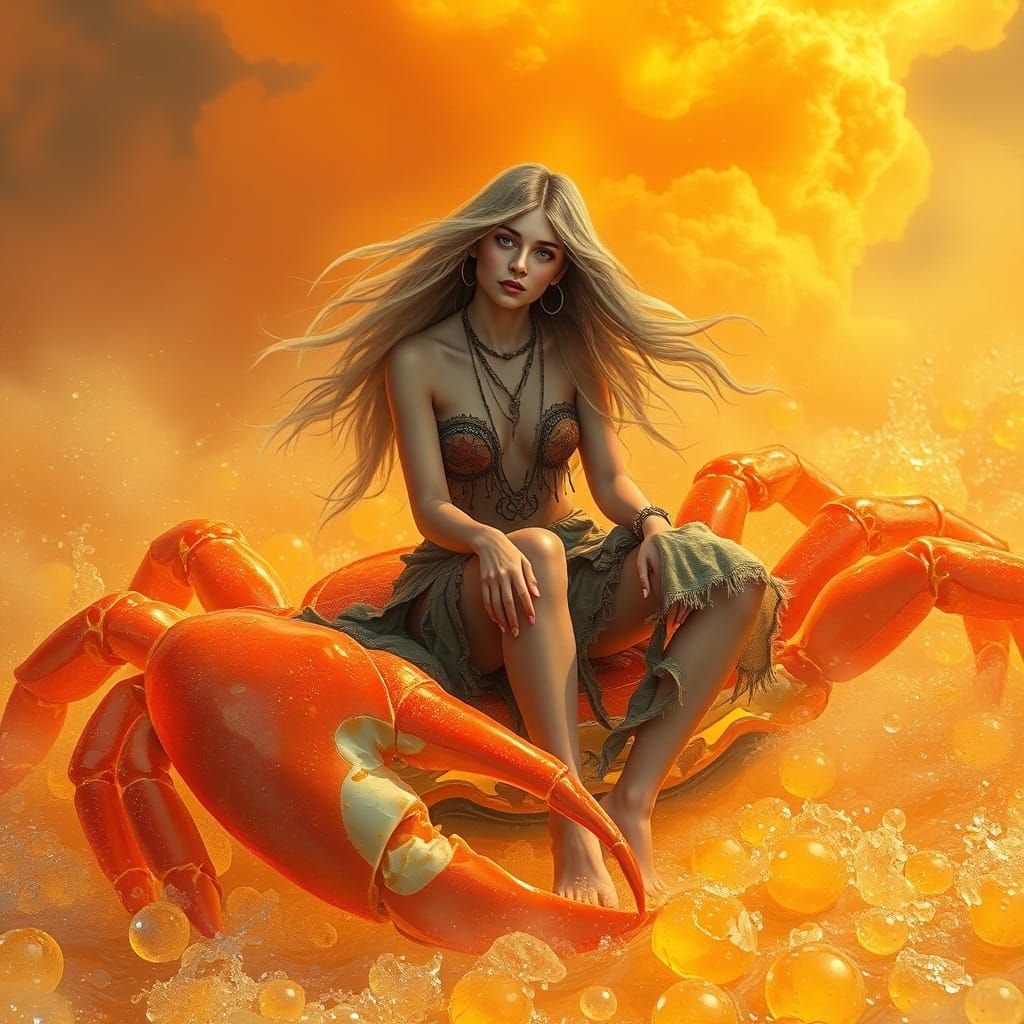 Woman on Gummy Crab in Effervescent Soda Sea