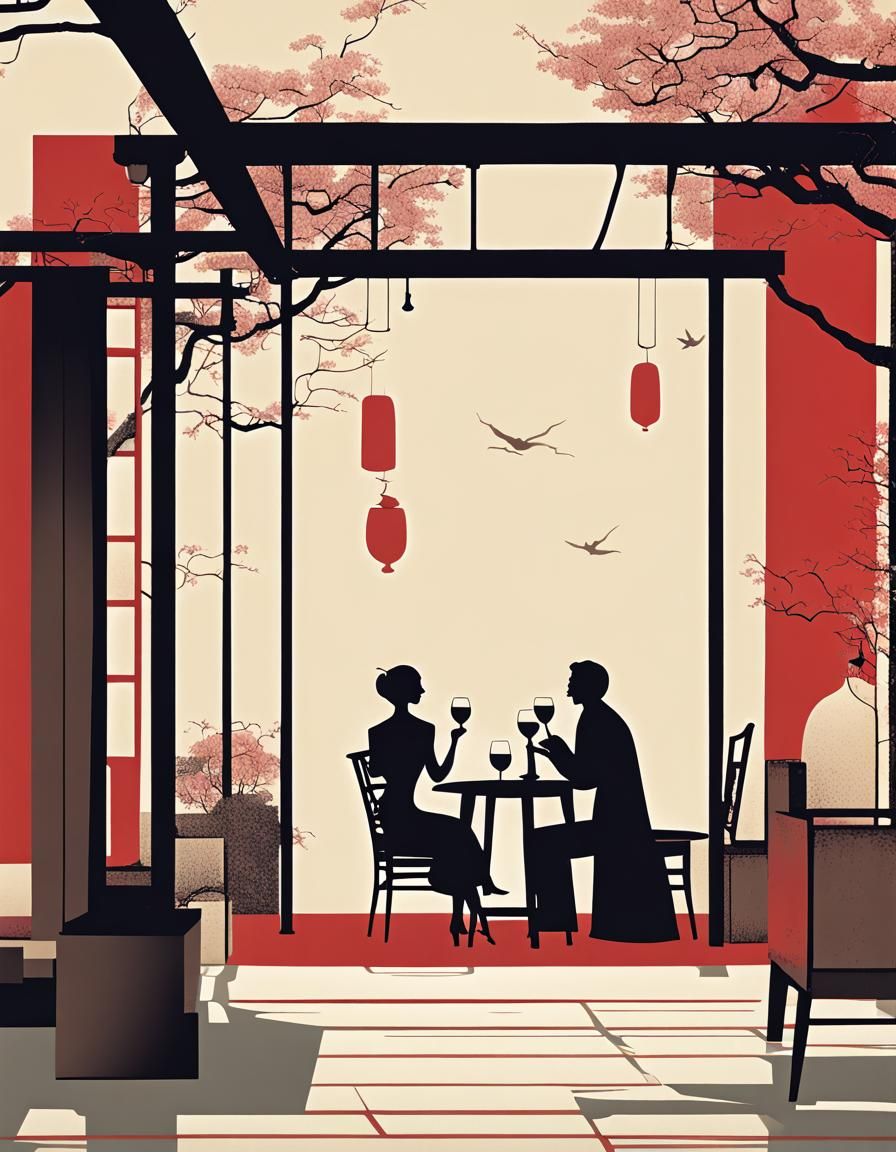 Minimalist Wine Patio Illustration in Japanese Style