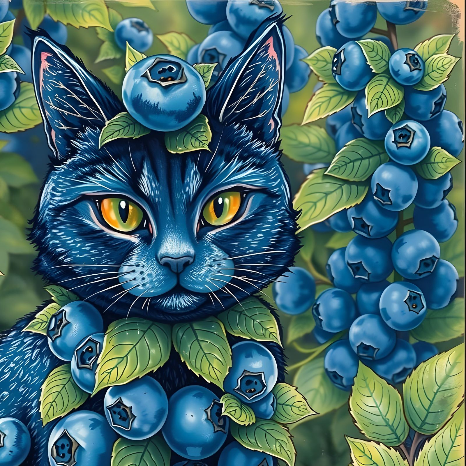 Vibrant Blueberry Cat in Whimsical Garden