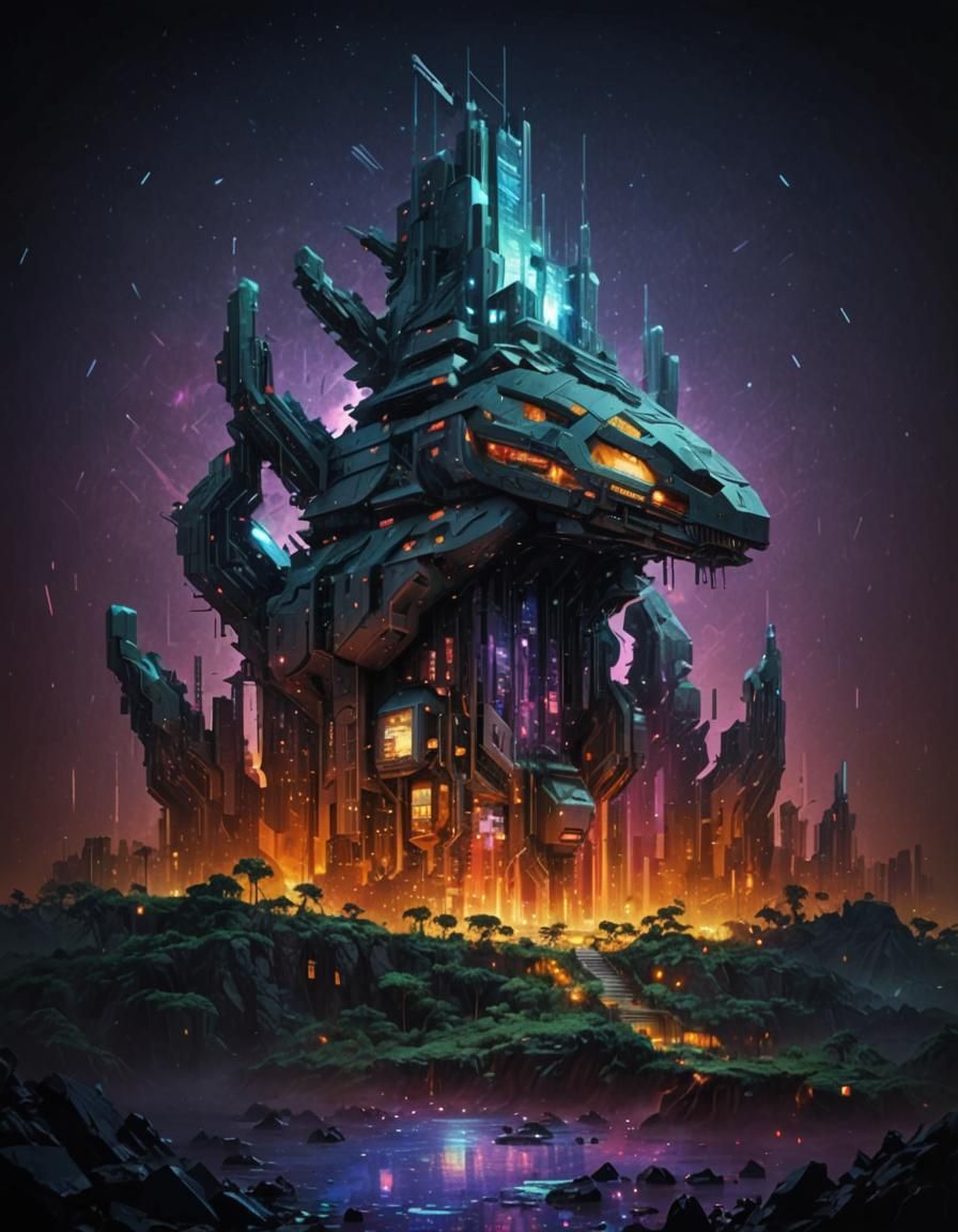 Pixelated Neofuturistic Landscape in Digital Art Style
