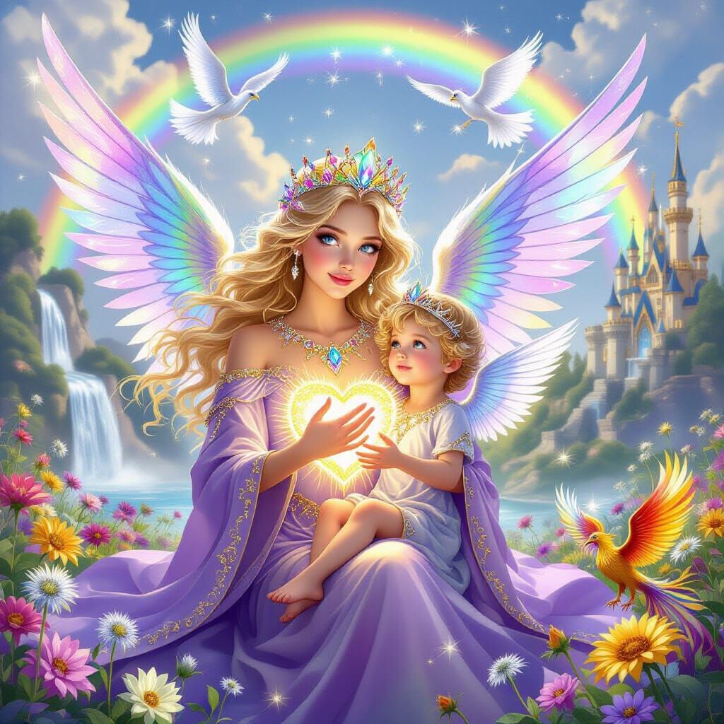 Radiant Angel in Rainbow Garden, Art Nouveau Style