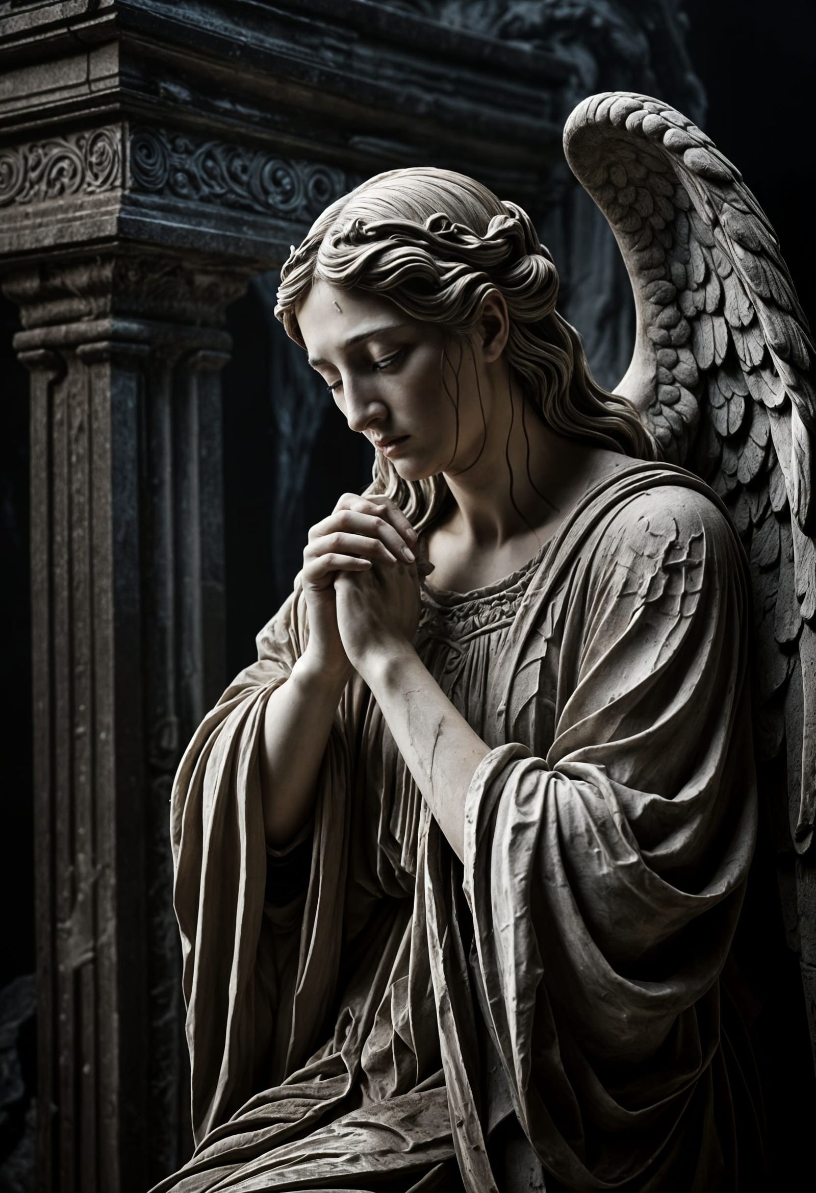 Weeping Angel Stone Carving in Gothic Style