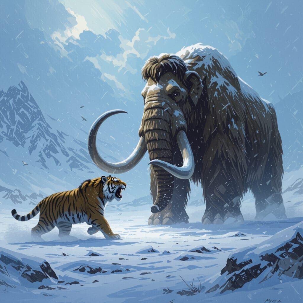 Saber-Toothed Tiger Fights Mammoth in Ice Age Blizzard