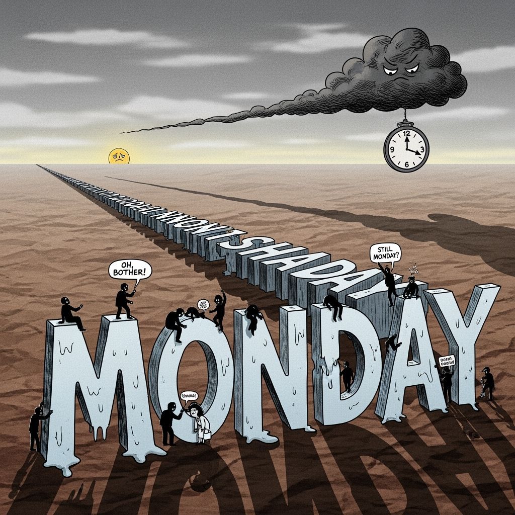 Giant Elongated Monday Word Stretches Across Desolate Landsc...