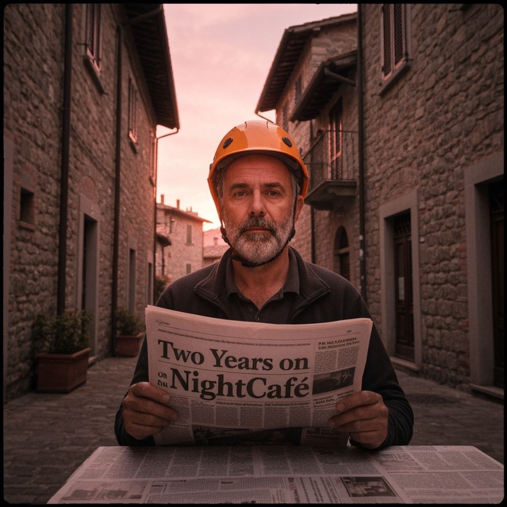 Geologist Reads News at Italian Cafe at Sunset