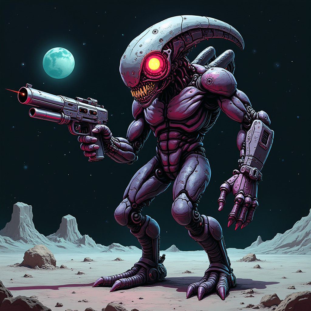 Cyberpunk Alien Warrior on Barren Moonscape
