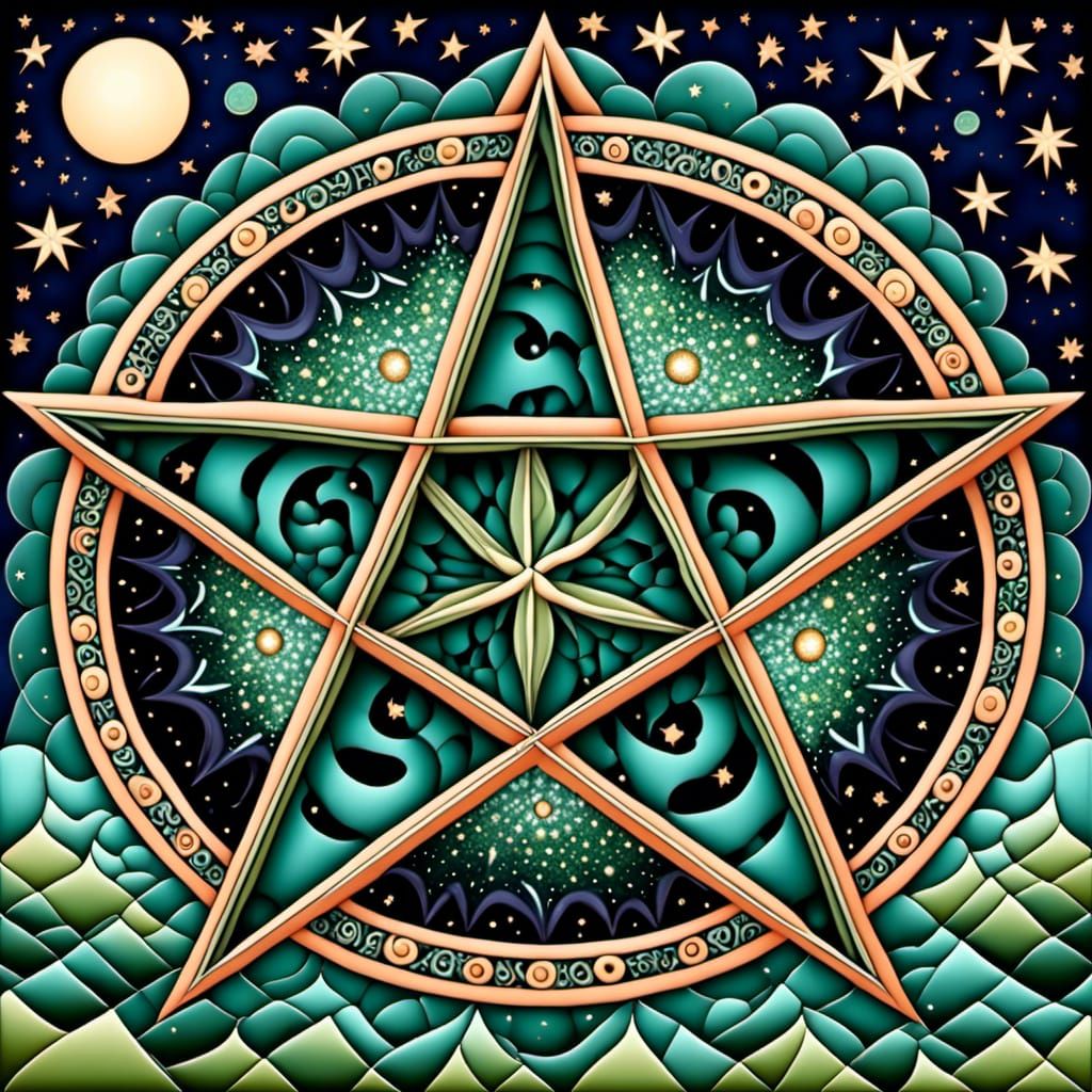 Metallic Green Pentagram on Starry Abstract Background
