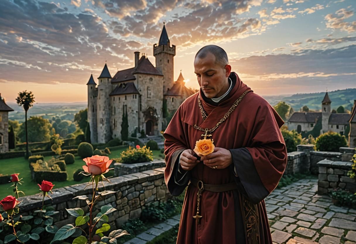 Monk and Rose: Medieval Illuminated Manuscript