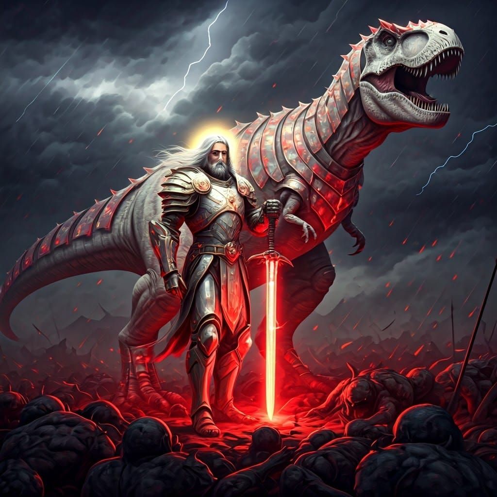 Armored Jesus and T-Rex on Battlefield